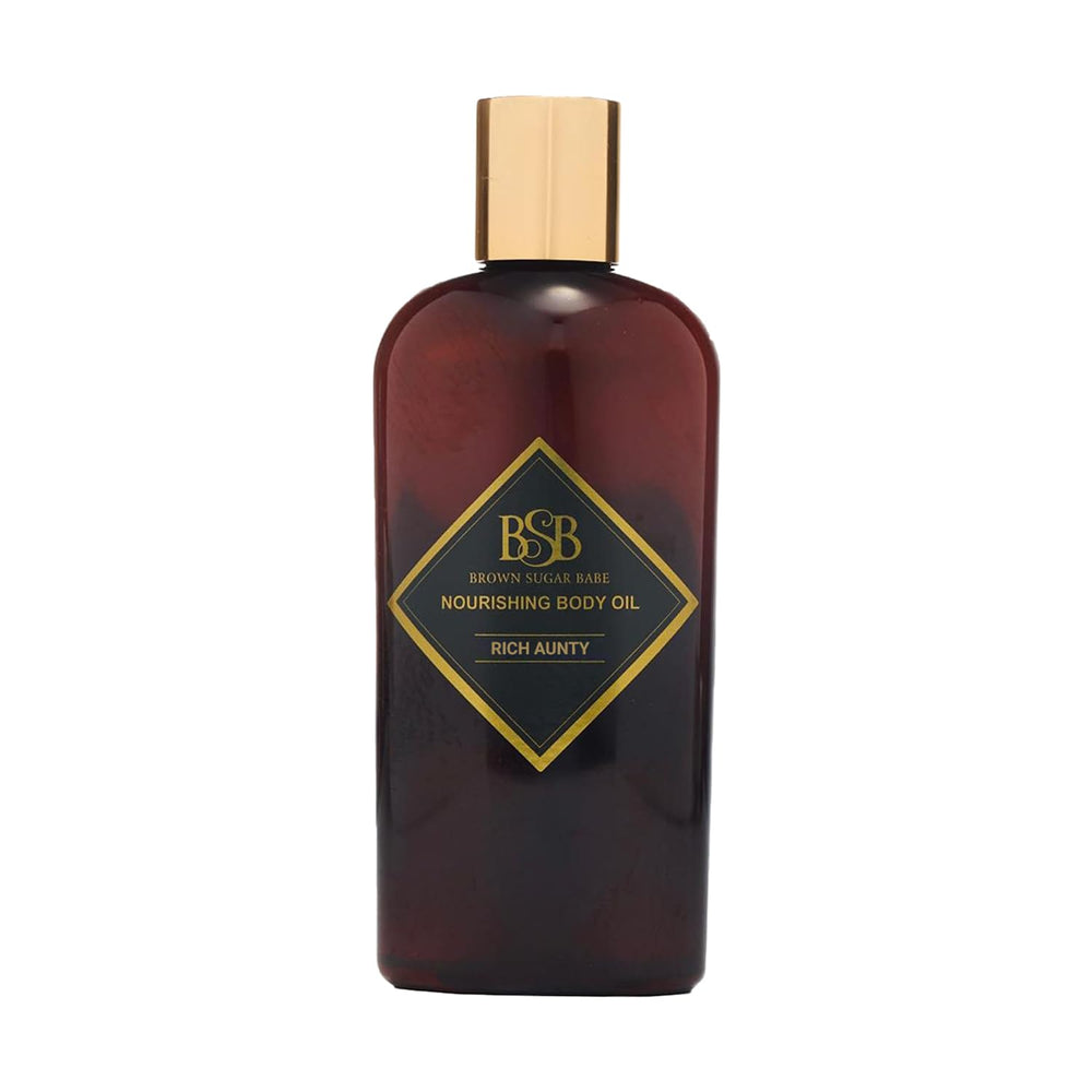 Brown Sugar Babe Rich Aunty Body Oil bottle with premium packaging for daily pampering.