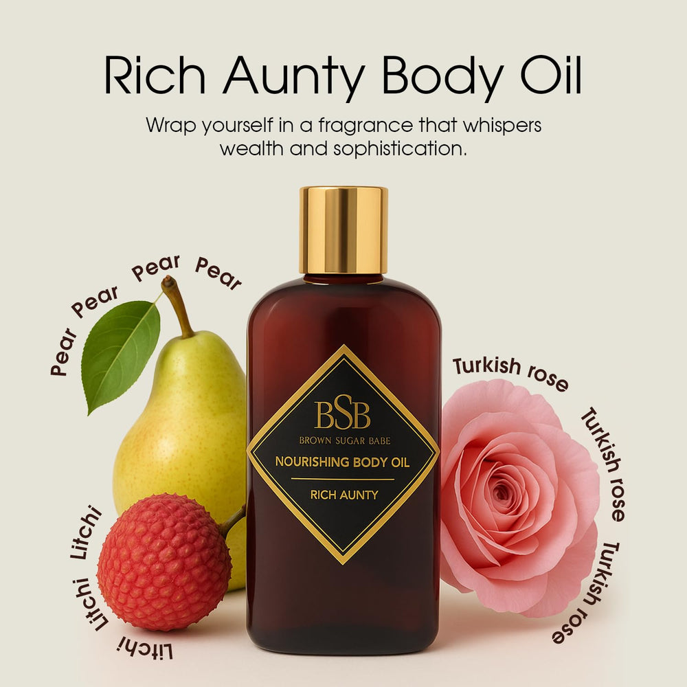 Rich Aunty Body Oil pour shows easy, light application for quick moisturization.