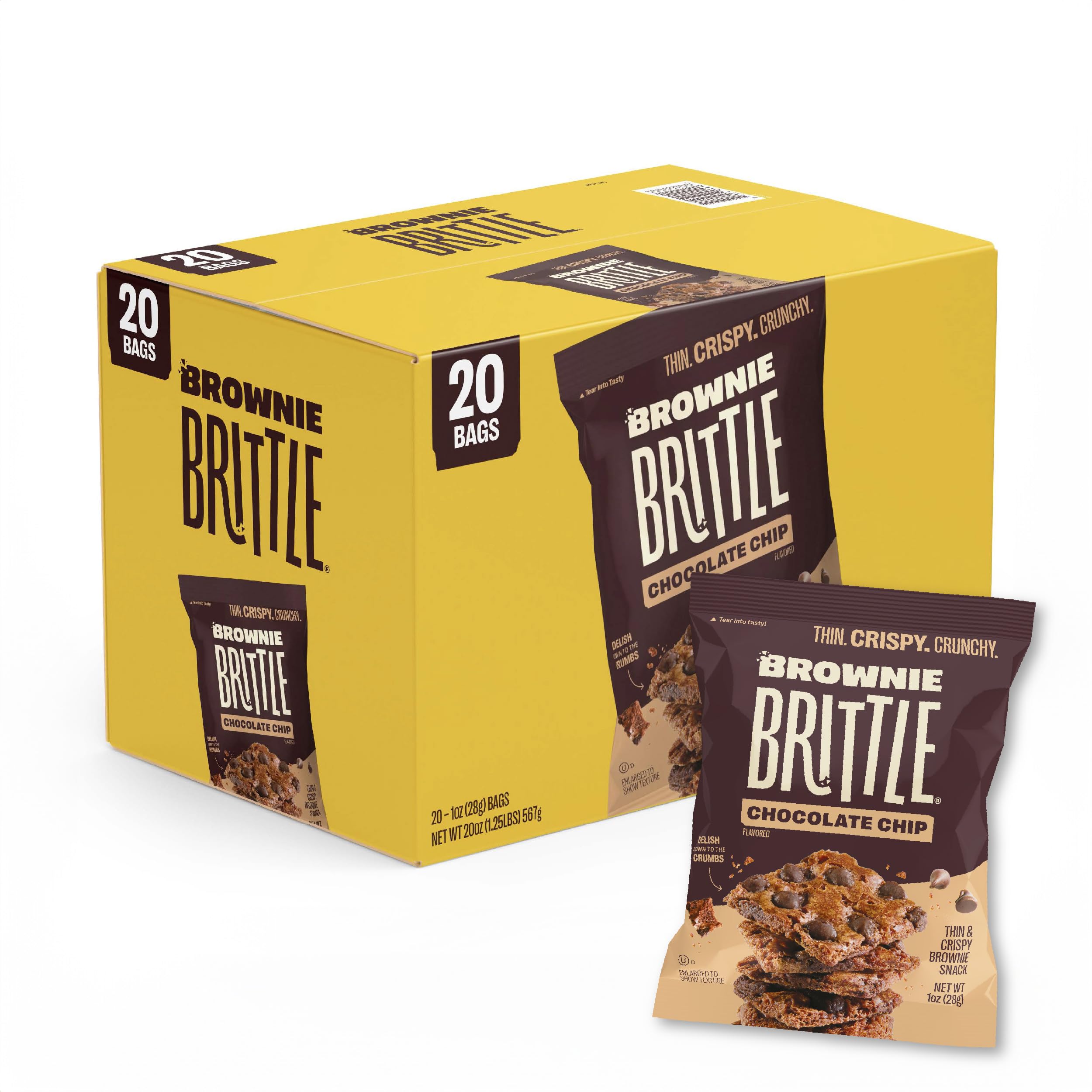 Brownie Brittle Original Chocolate Chip 20-pack bags are crispy and portable for on-the-go snacking.