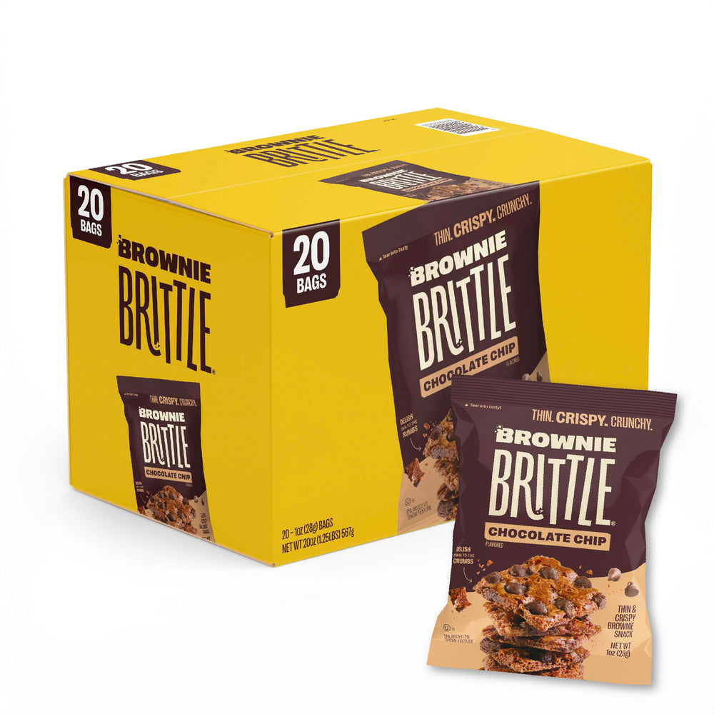 Brownie Brittle Original Chocolate Chip 20-pack bags are crispy and portable for on-the-go snacking.