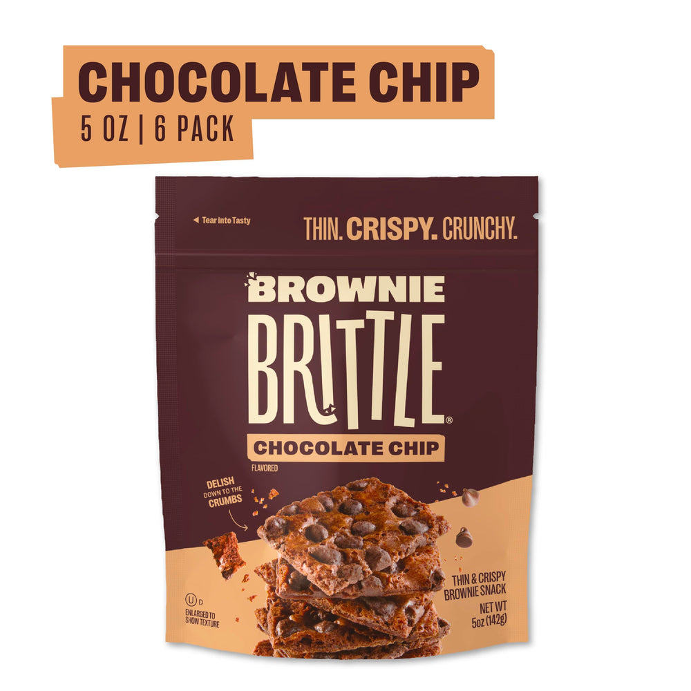 Open bag view of Brownie Brittle Original Chocolate Chip reveals wafer-thin crisps for toppings.