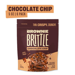 Open bag view of Brownie Brittle Original Chocolate Chip reveals wafer-thin crisps for toppings.