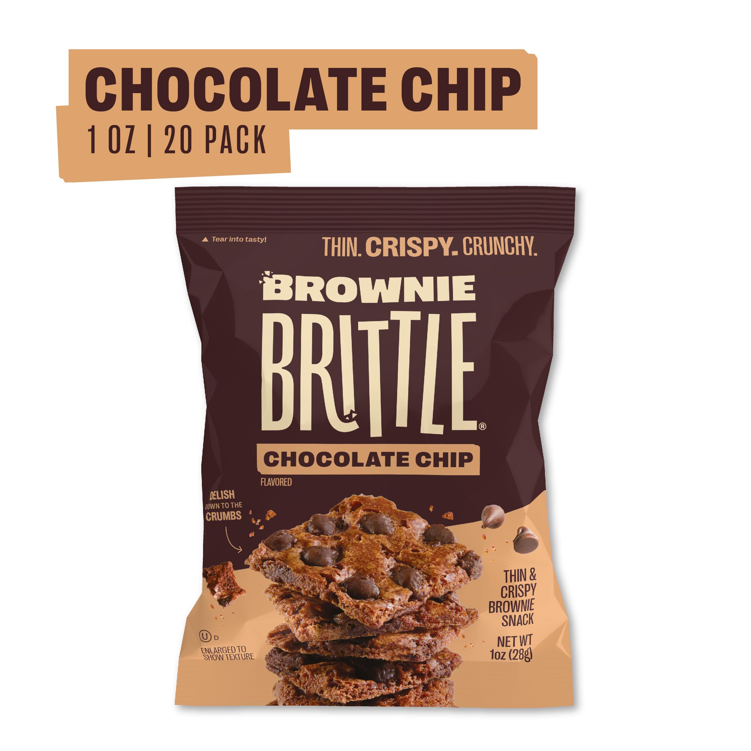 Brownie Brittle Original Chocolate Chip close-up highlights wafer-thin crisp and chips.