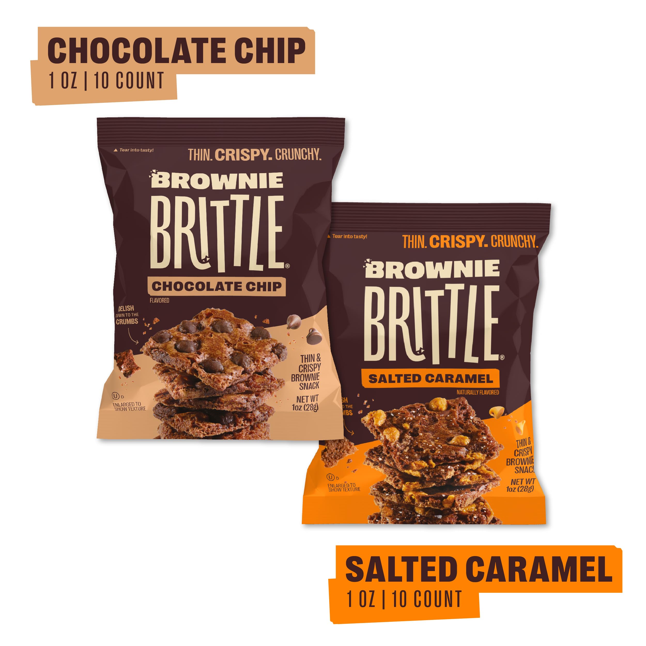 Brownie Brittle salted caramel bag 1oz with sea salt for a sweet-salty treat.