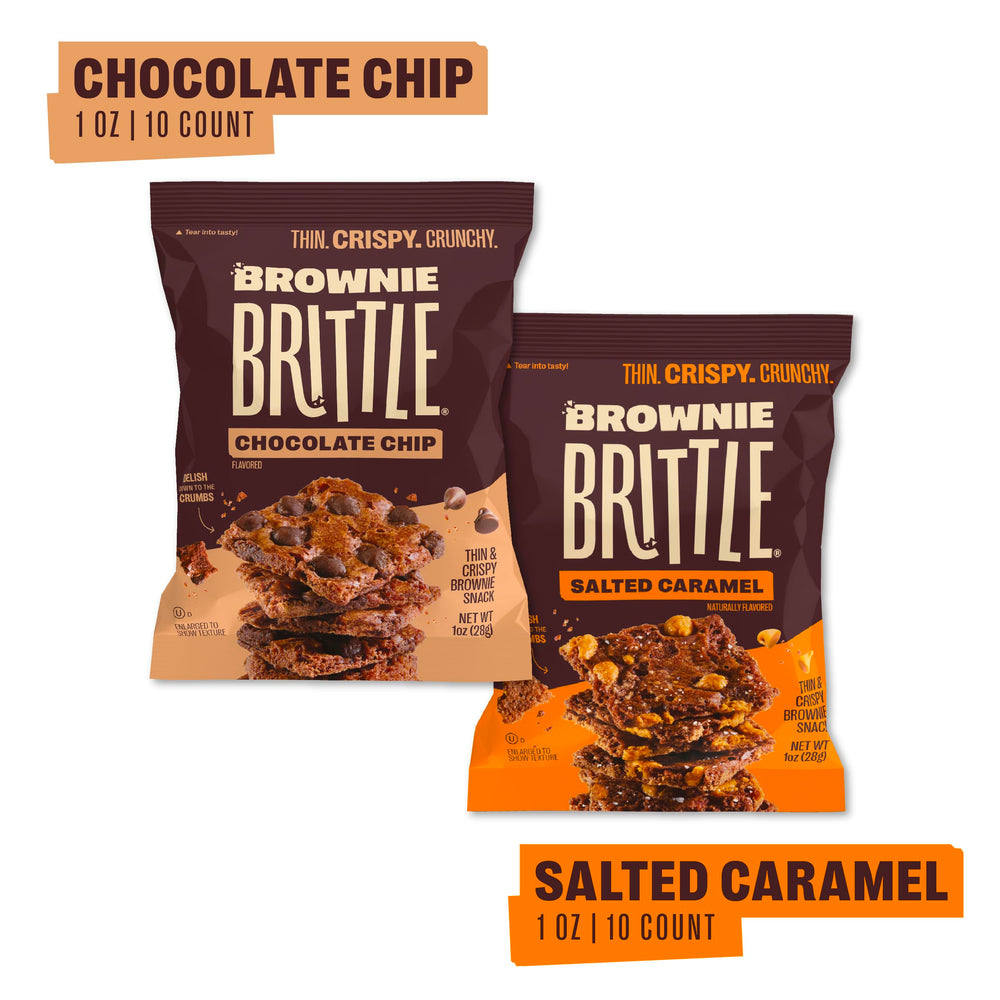 Brownie Brittle salted caramel bag 1oz with sea salt for a sweet-salty treat.