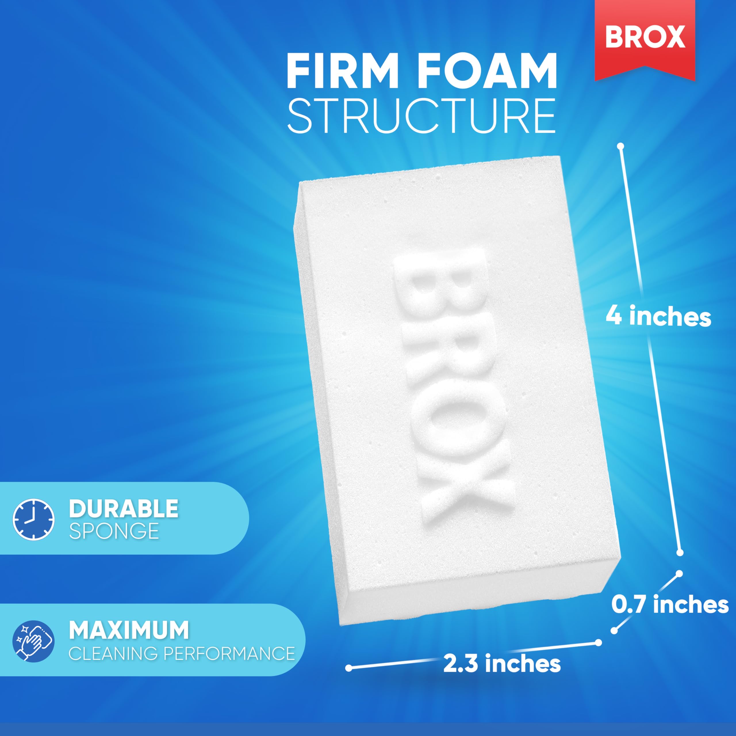 BROX sponge in bathroom scene illustrating quick grime removal on tiles and fixtures.