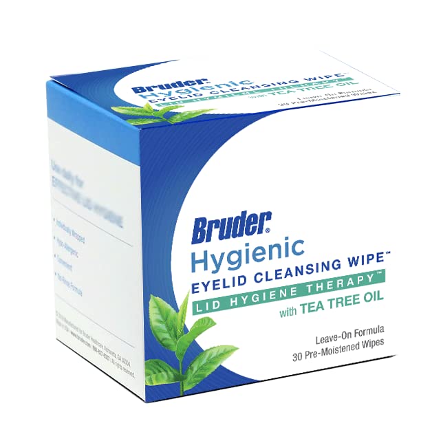 Bruder Hygienic Eyelid Wipes with Tea Tree Oil pack close-up for gentle lid hygiene.