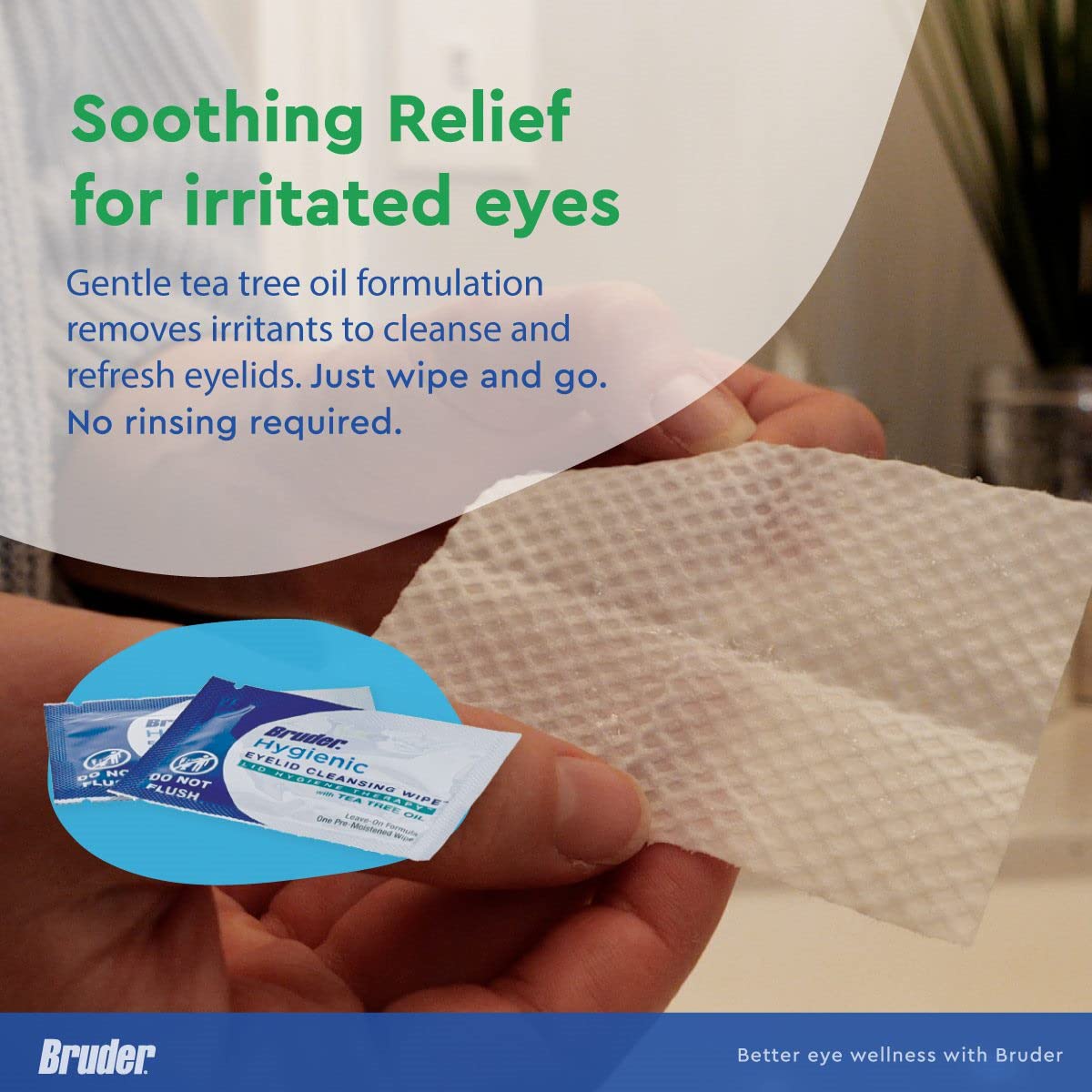 Bruder box of hygienic eyelid wipes on a dresser, ready for use.