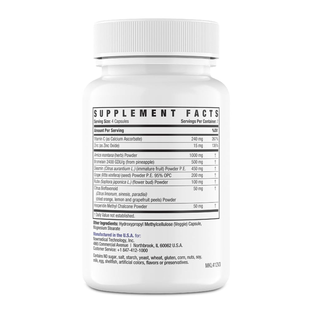 BruiseMD supplement facts highlighting zinc and vitamin C content for overall wellness