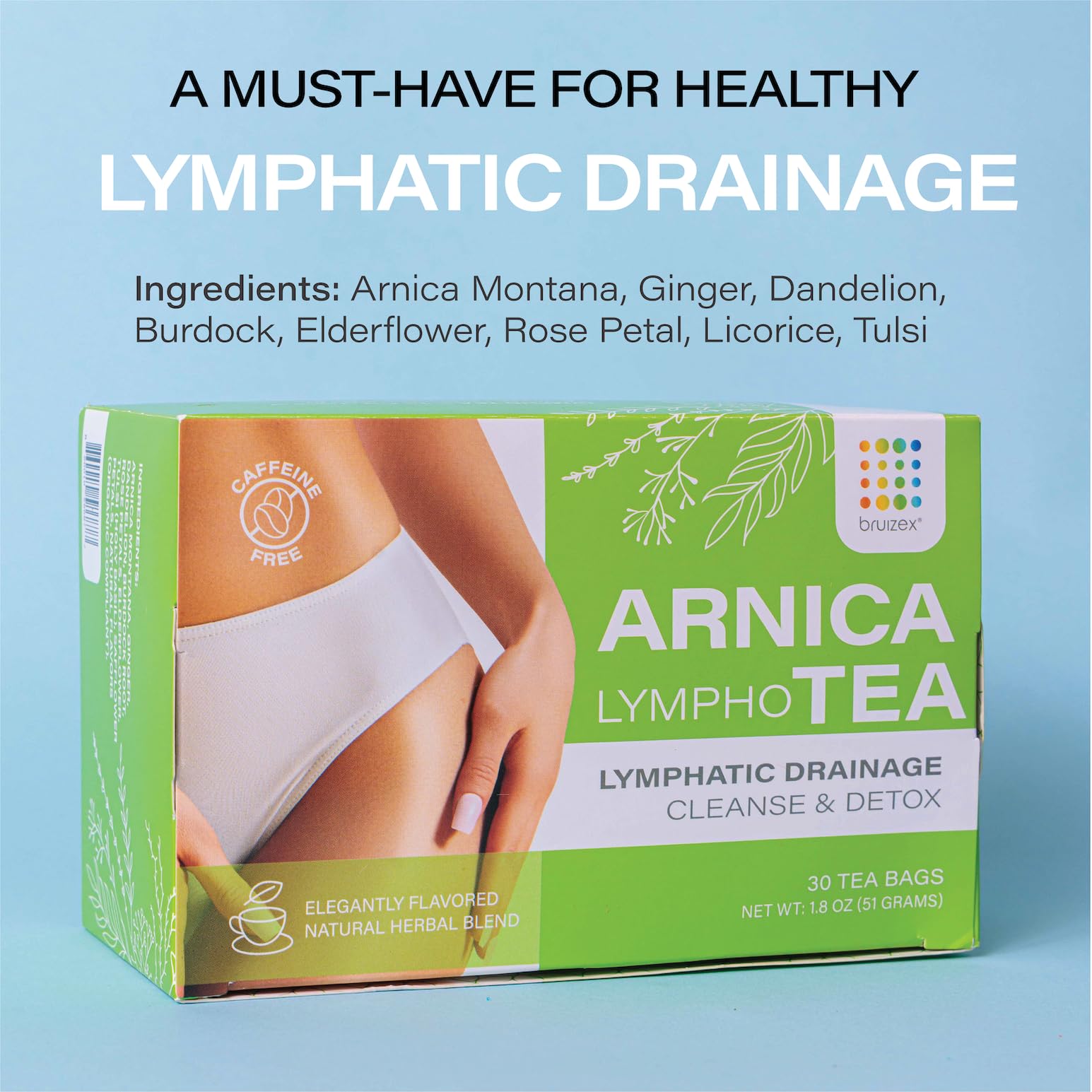 Bruizex Arnica Tea lymphatic-massage-use scene suggesting pre and post-session hydration
