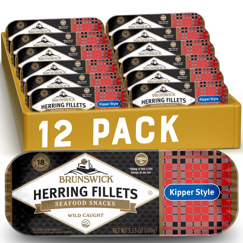Brunswick boneless kipper style herring fillets close-up shows convenient protein in a pantry snack.