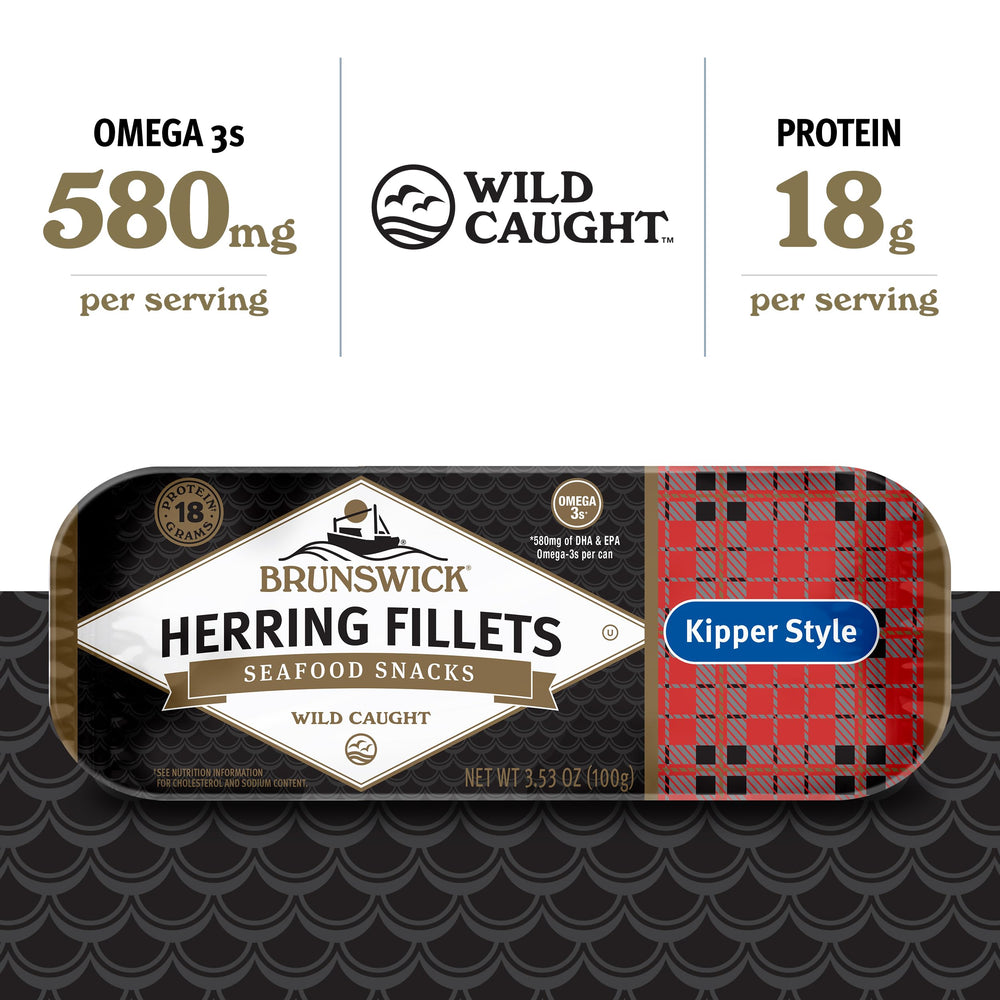 Brunswick boneless kipper style herring fillets plated with pasta as versatile seafood.
