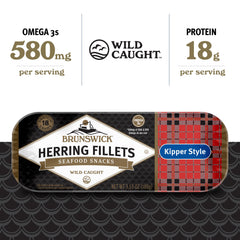 Brunswick boneless kipper style herring fillets plated with pasta as versatile seafood.