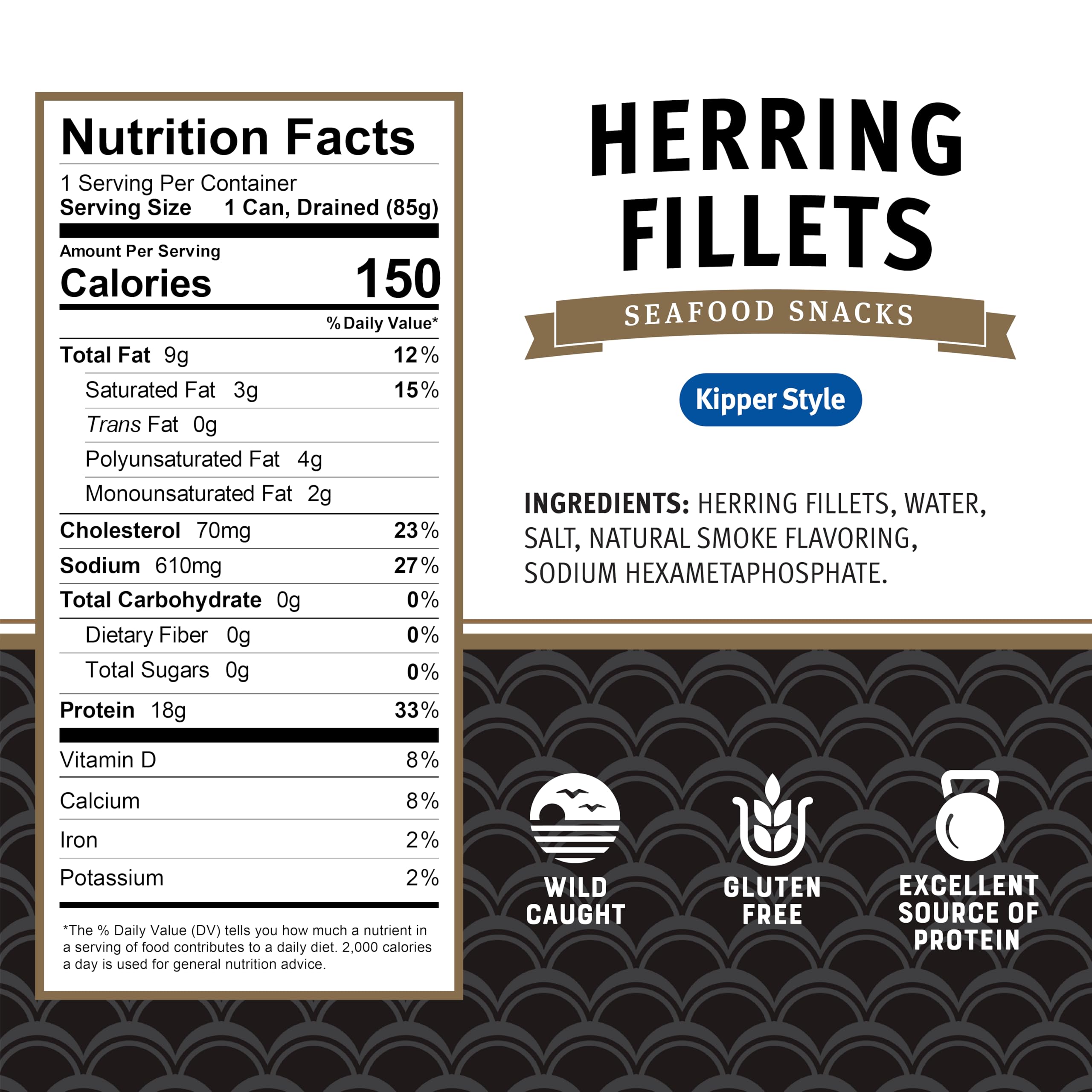 Brunswick boneless kipper style herring fillets protein serving for quick healthy meals.