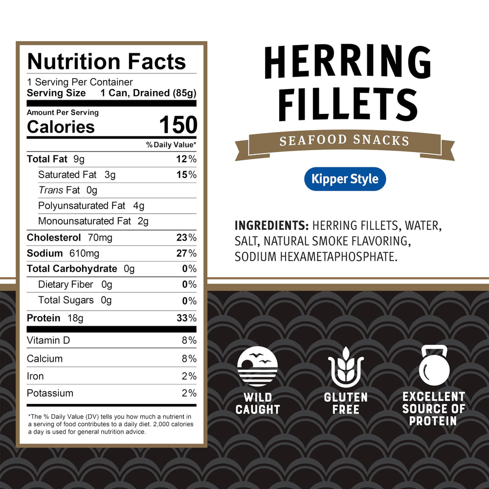 Brunswick boneless kipper style herring fillets protein serving for quick healthy meals.