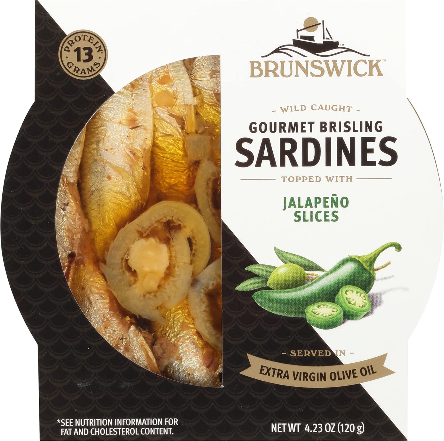 Brunswick Brisling sardines in olive oil with jalapeño slices, protein-rich snack.