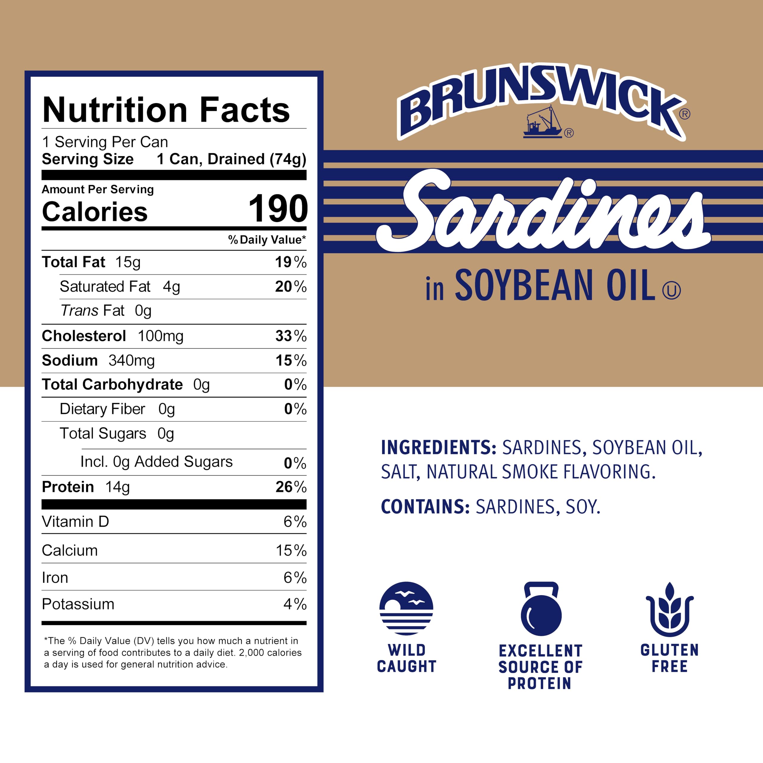 Brunswick sardines in soybean oil on cracker, versatile snack idea.