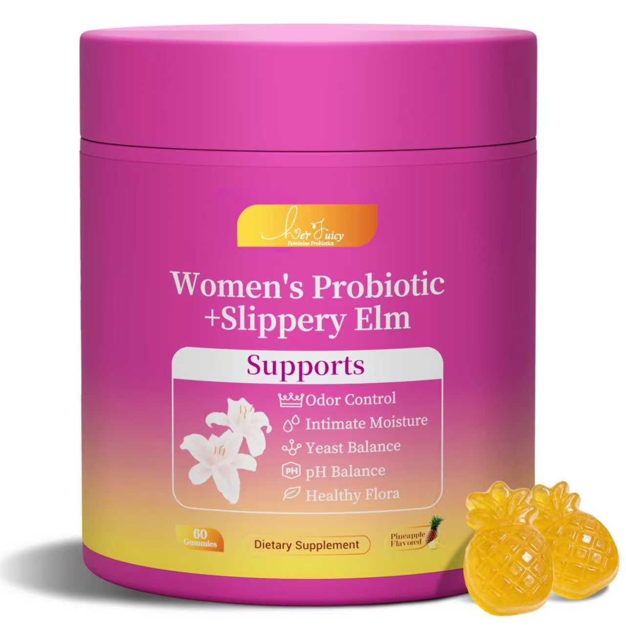 Brurtzexs Her Juicy feminine gummies bottle shows pineapple flavor for daily wellness.