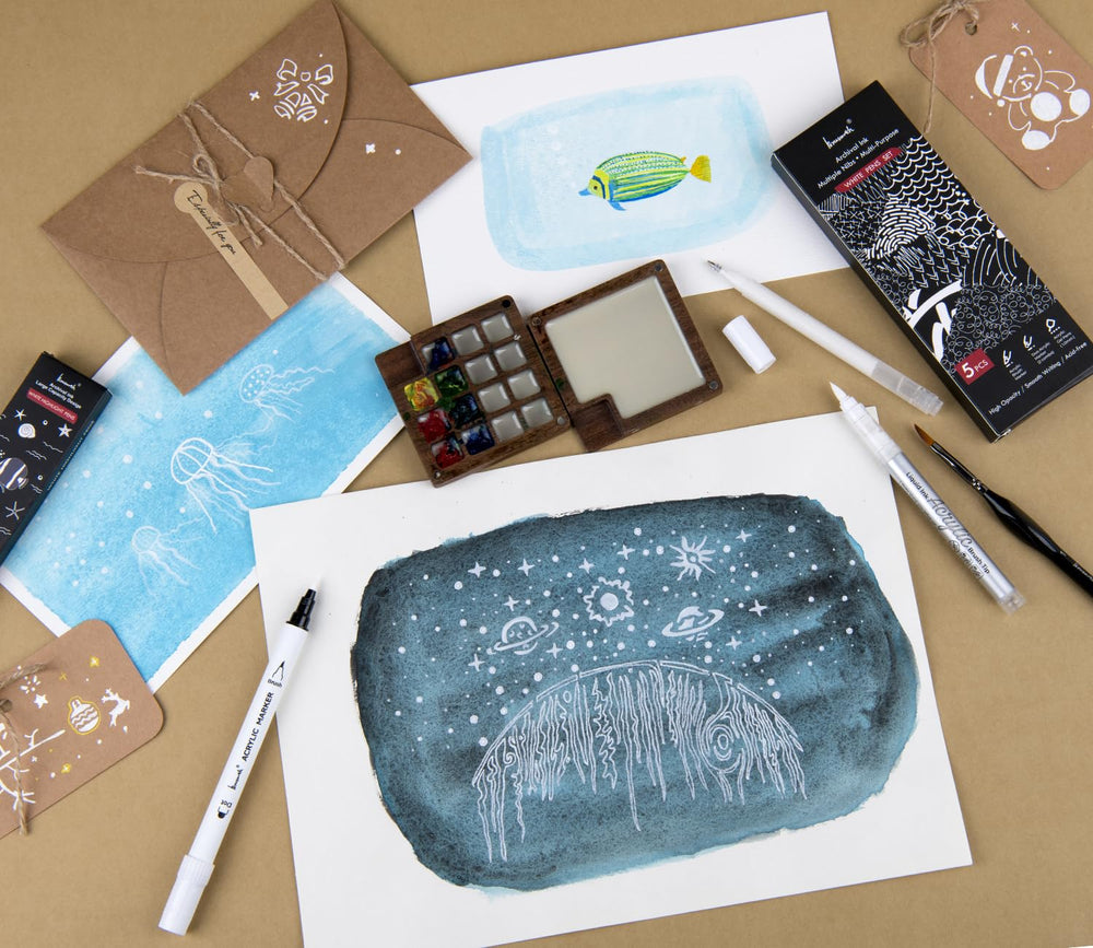 Brusarth card making and scrapbooking with white pens on textured paper