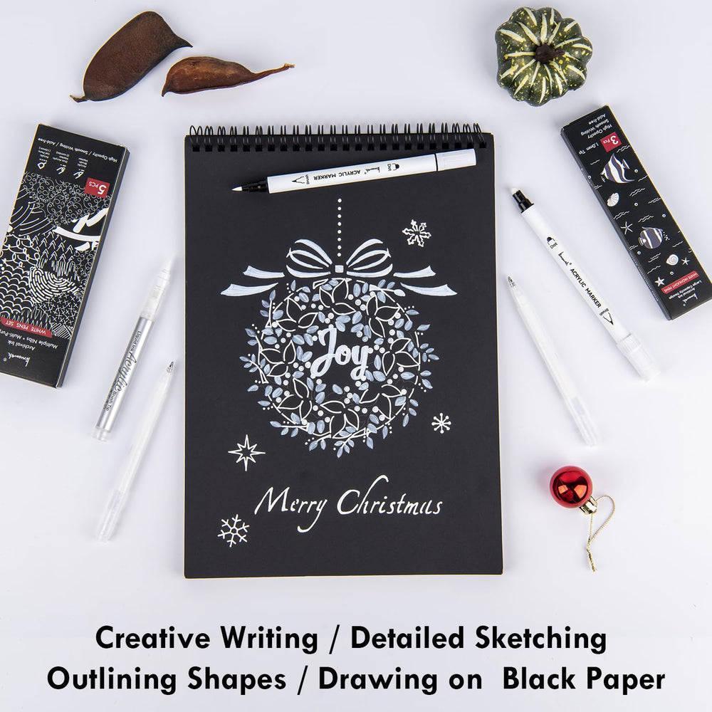Brusarth white ink brush-tip pens used on black paper for highlights