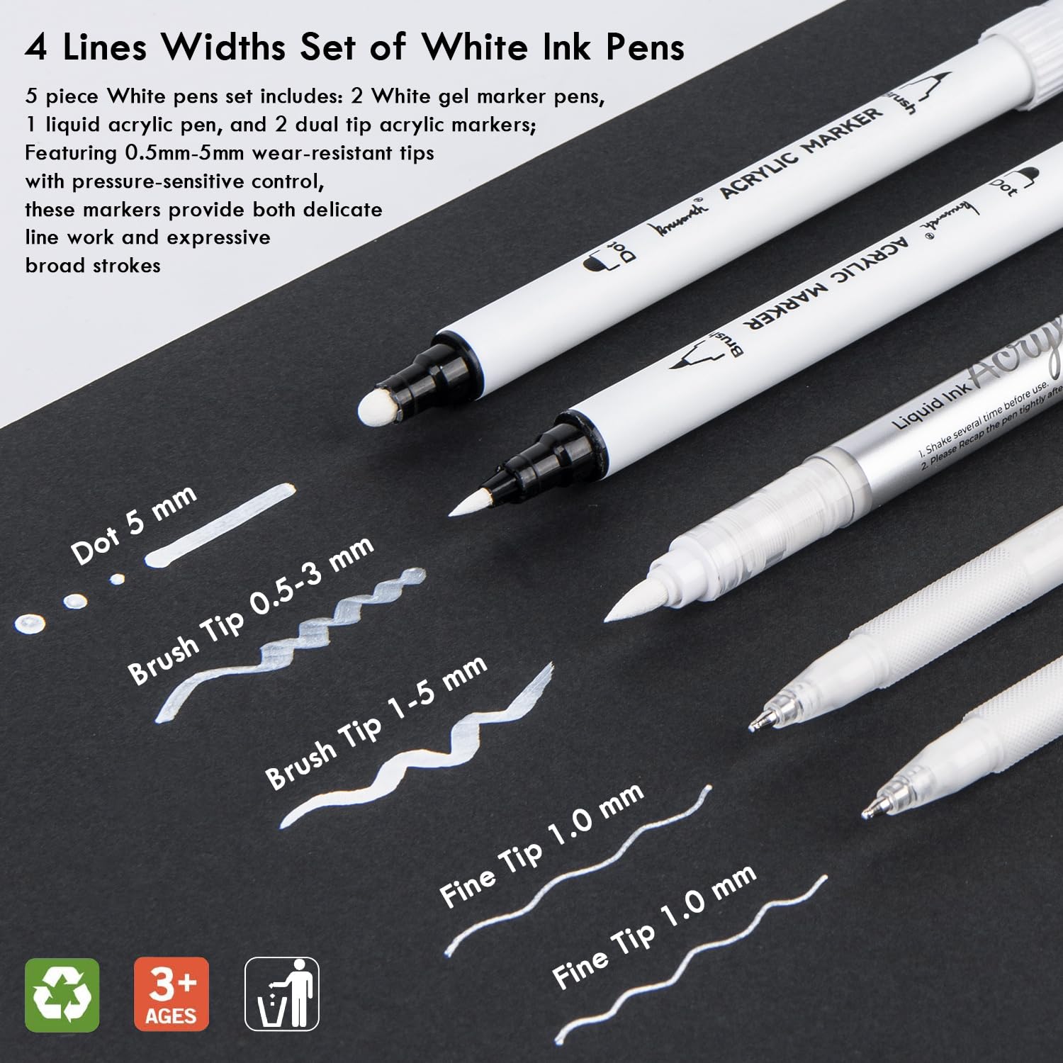 Brusarth white gel pens closeup highlighting 1mm precise line