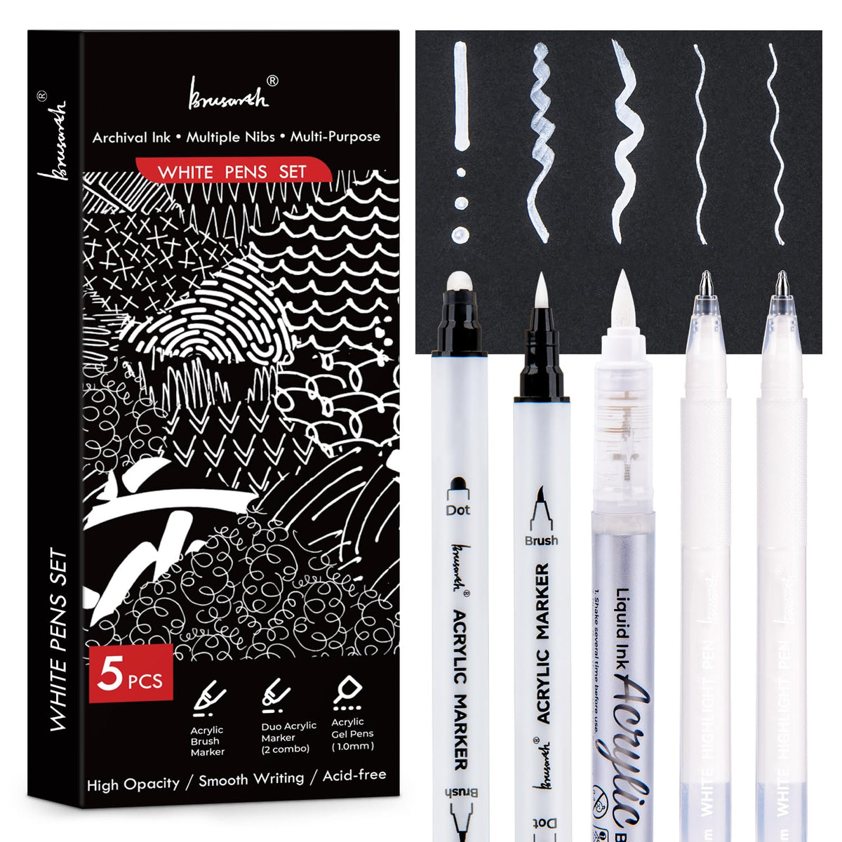 Brusarth White Pens Set 5-pack on desk showing packshot and dark-paper usability