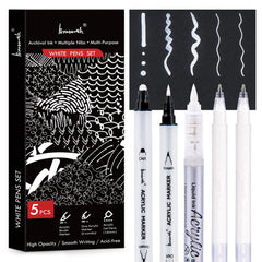 Brusarth White Pens Set 5-pack on desk showing packshot and dark-paper usability
