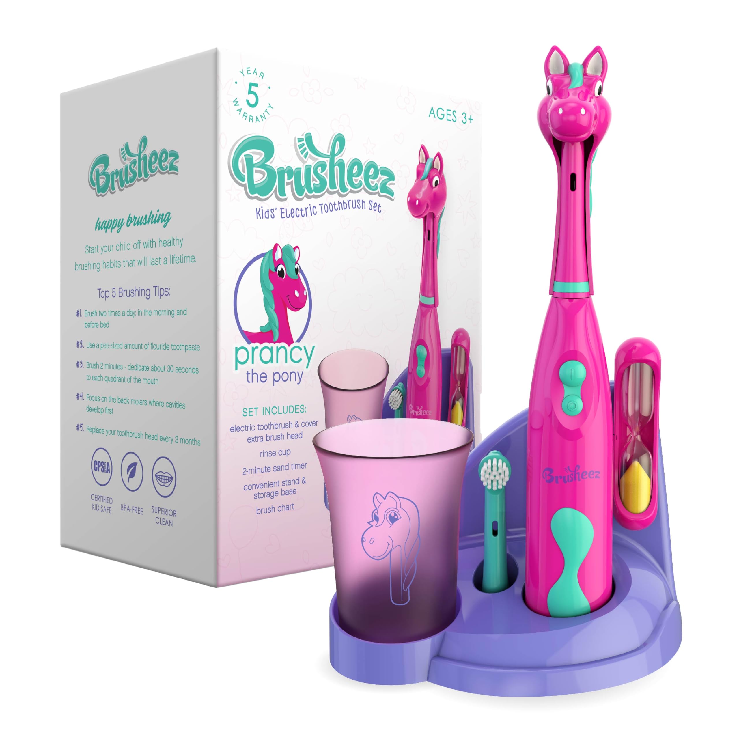 Brusheez Kids' electric toothbrush featuring Prancy the Pony for engaging brushing sessions