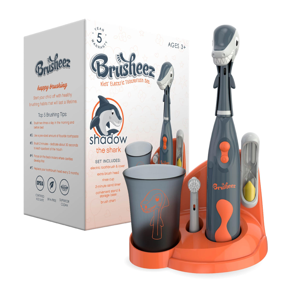 Brusheez Shadow the Shark toothbrush front view with gentle bristles for kids' brushing