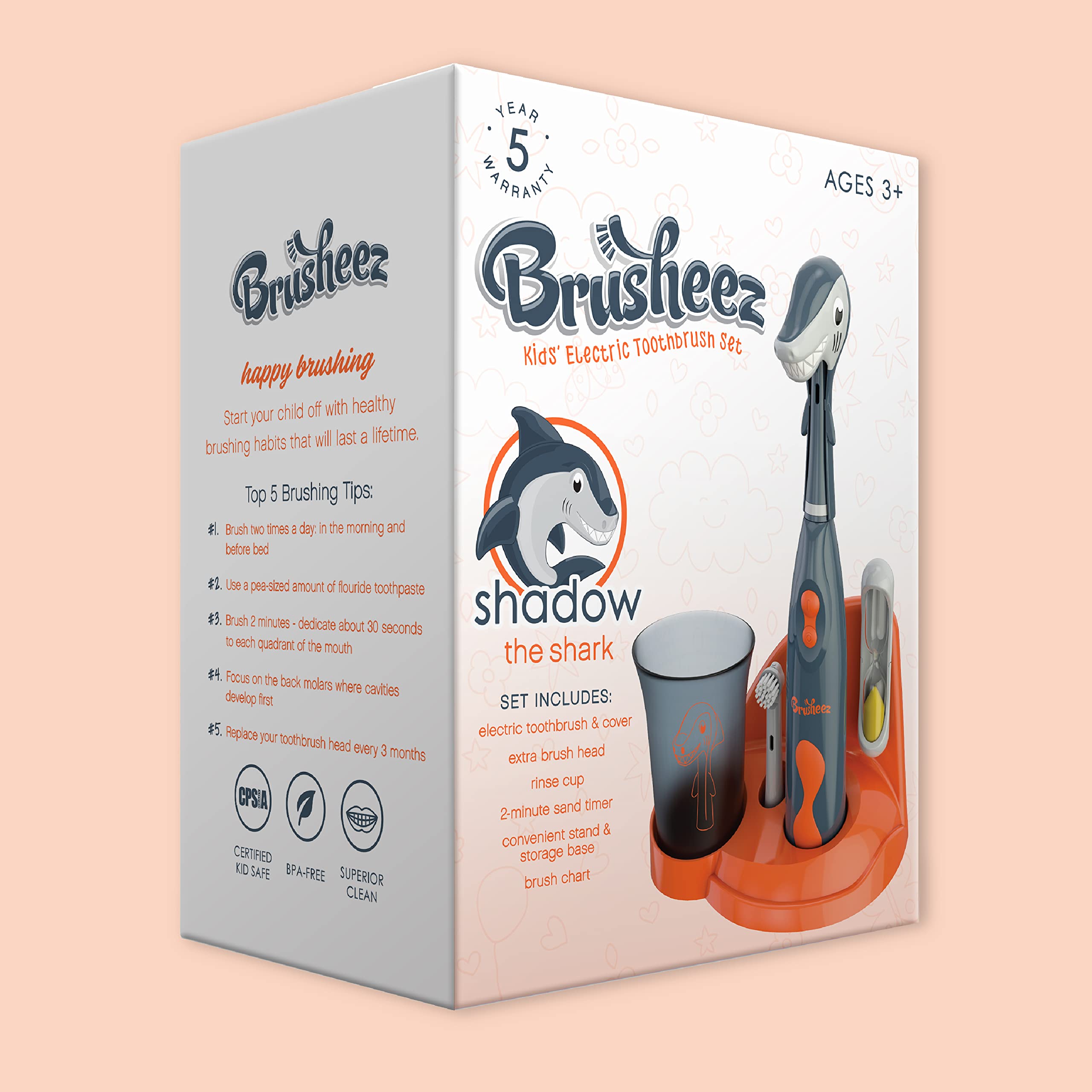 Brusheez Shadow the Shark packaging contents include brush heads and chart