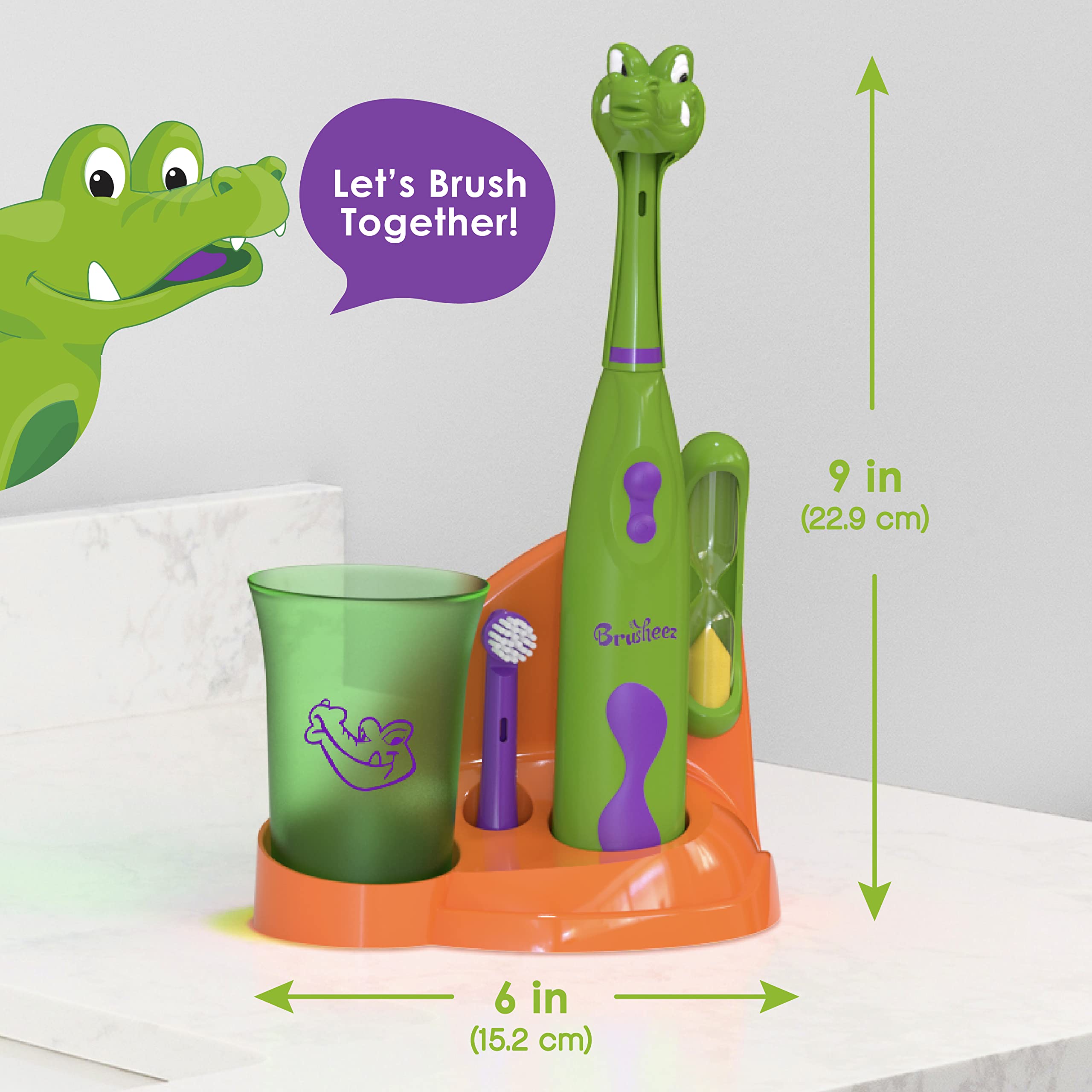 Brusheez storage base keeps the toothbrush upright and ready.