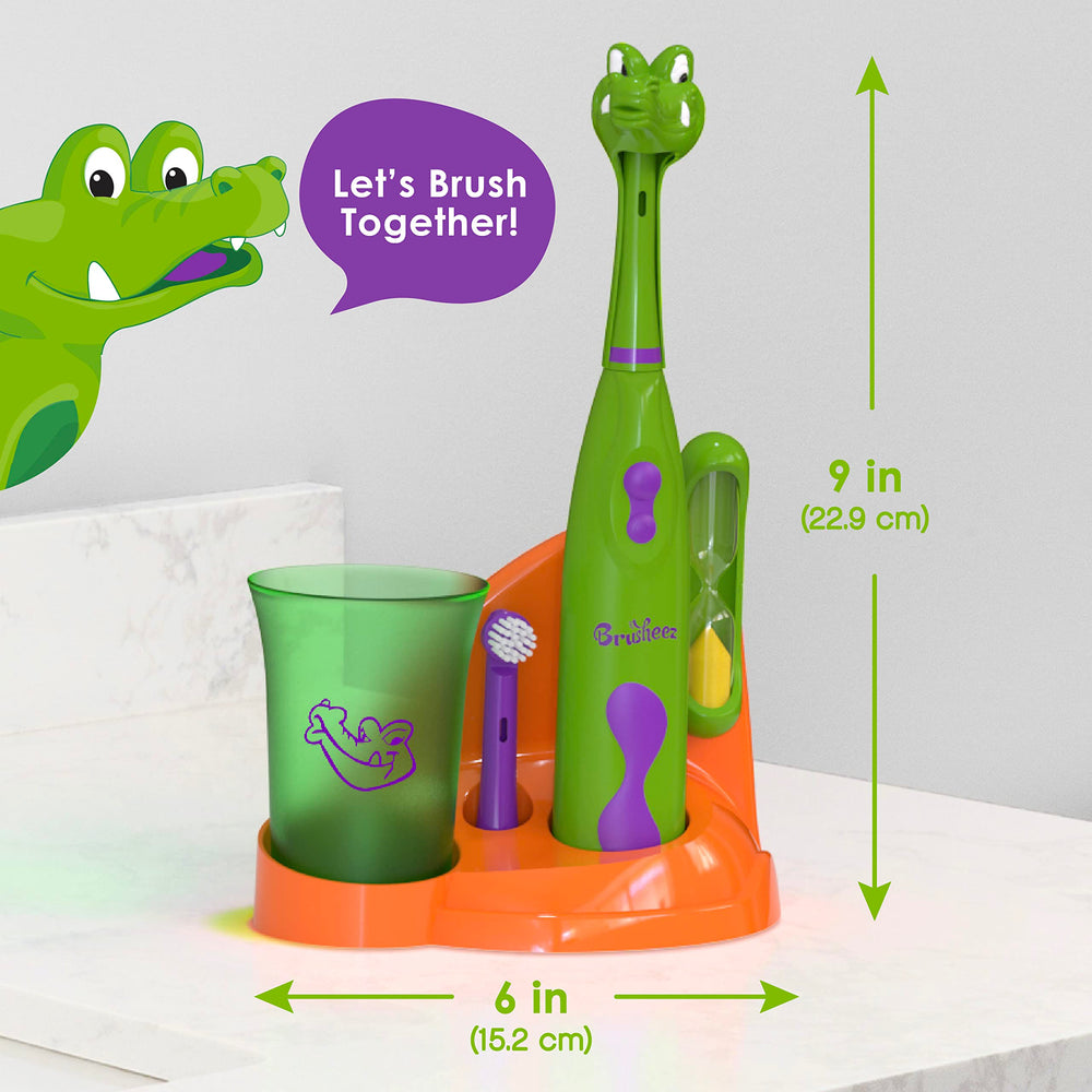 Brusheez storage base keeps the toothbrush upright and ready.