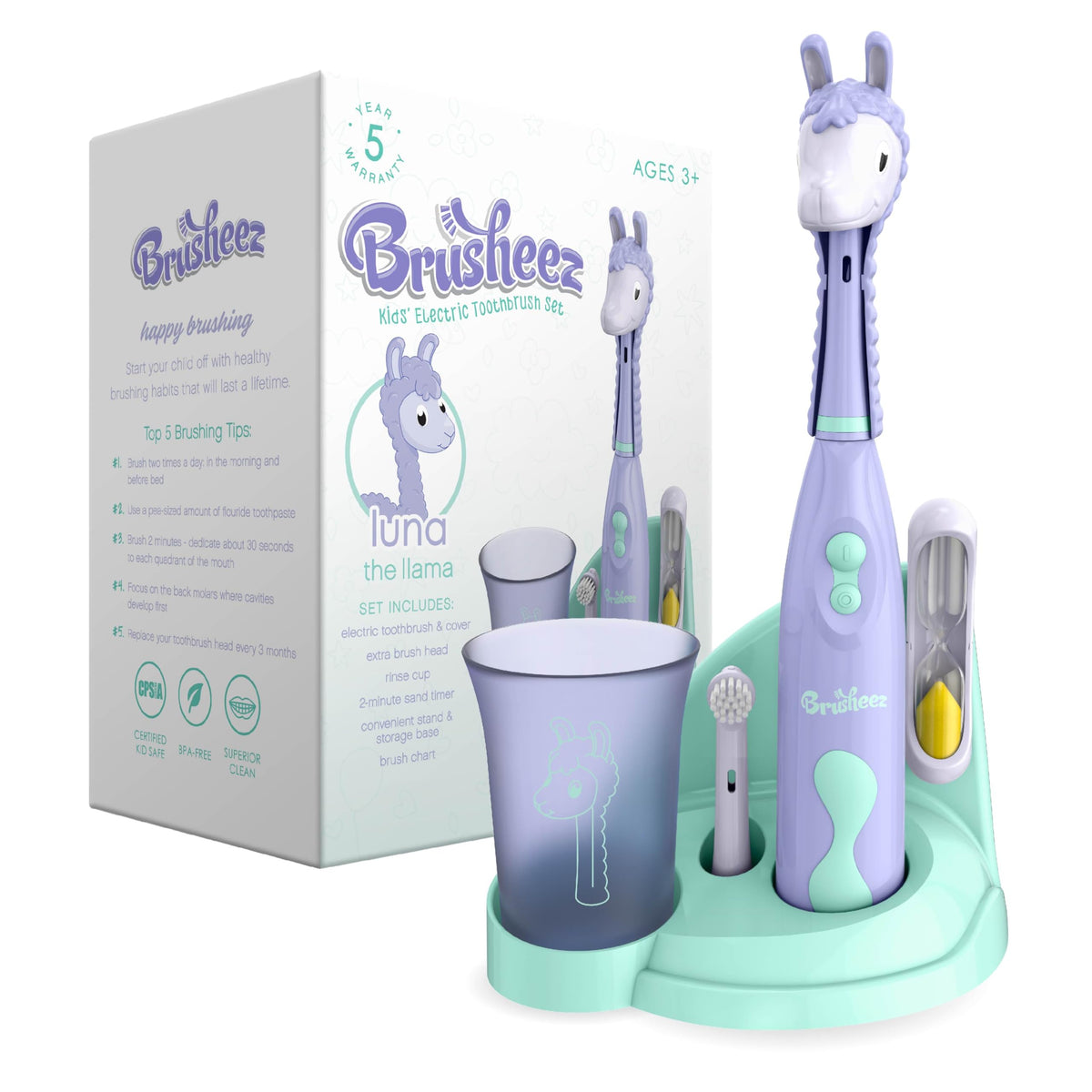 Brusheez Luna llama toothbrush front view for kids' gentle brushing