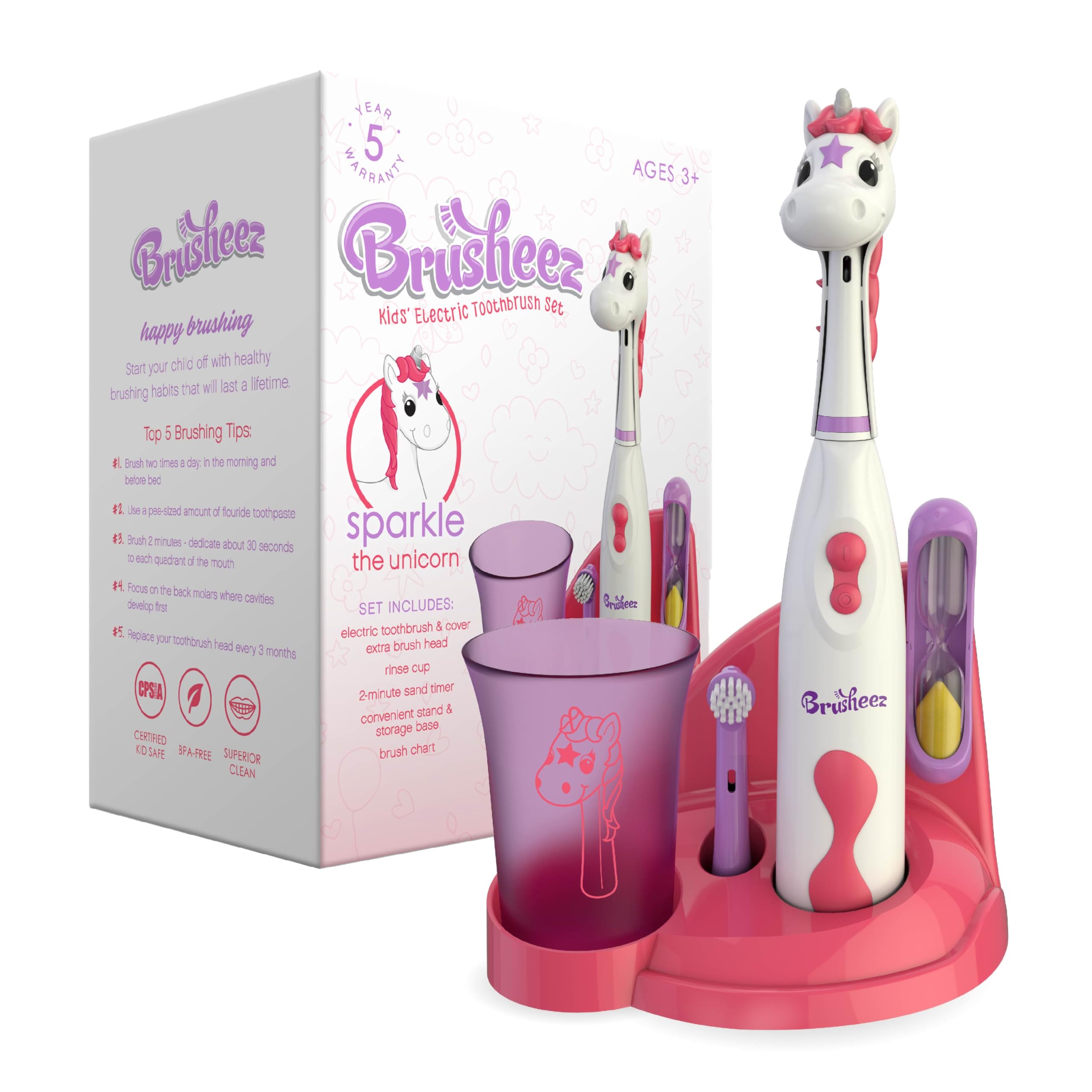Brusheez Sparkle unicorn toothbrush front view, kid-friendly design.