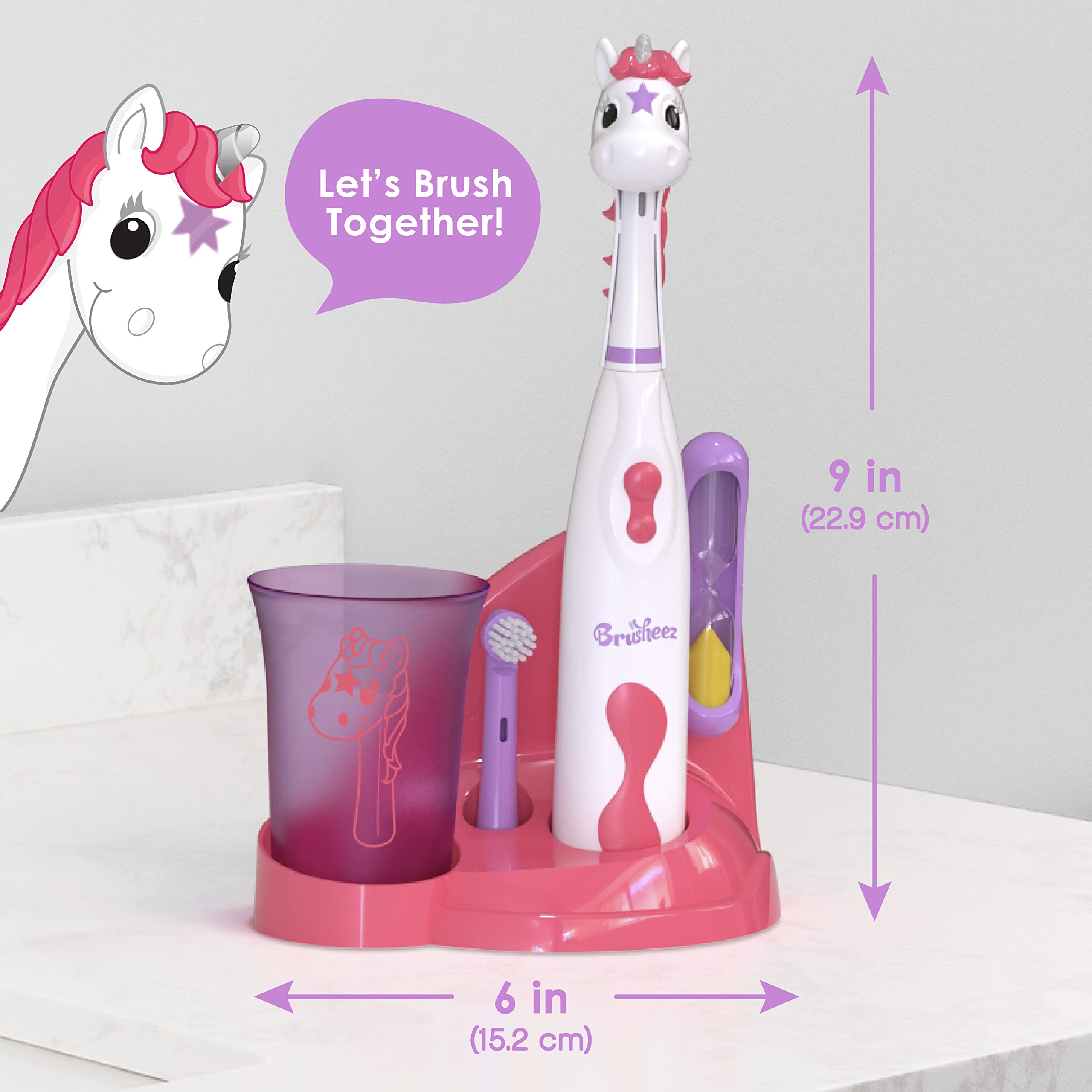 Brusheez Sparkle storage base keeps toothbrush tidy and upright.