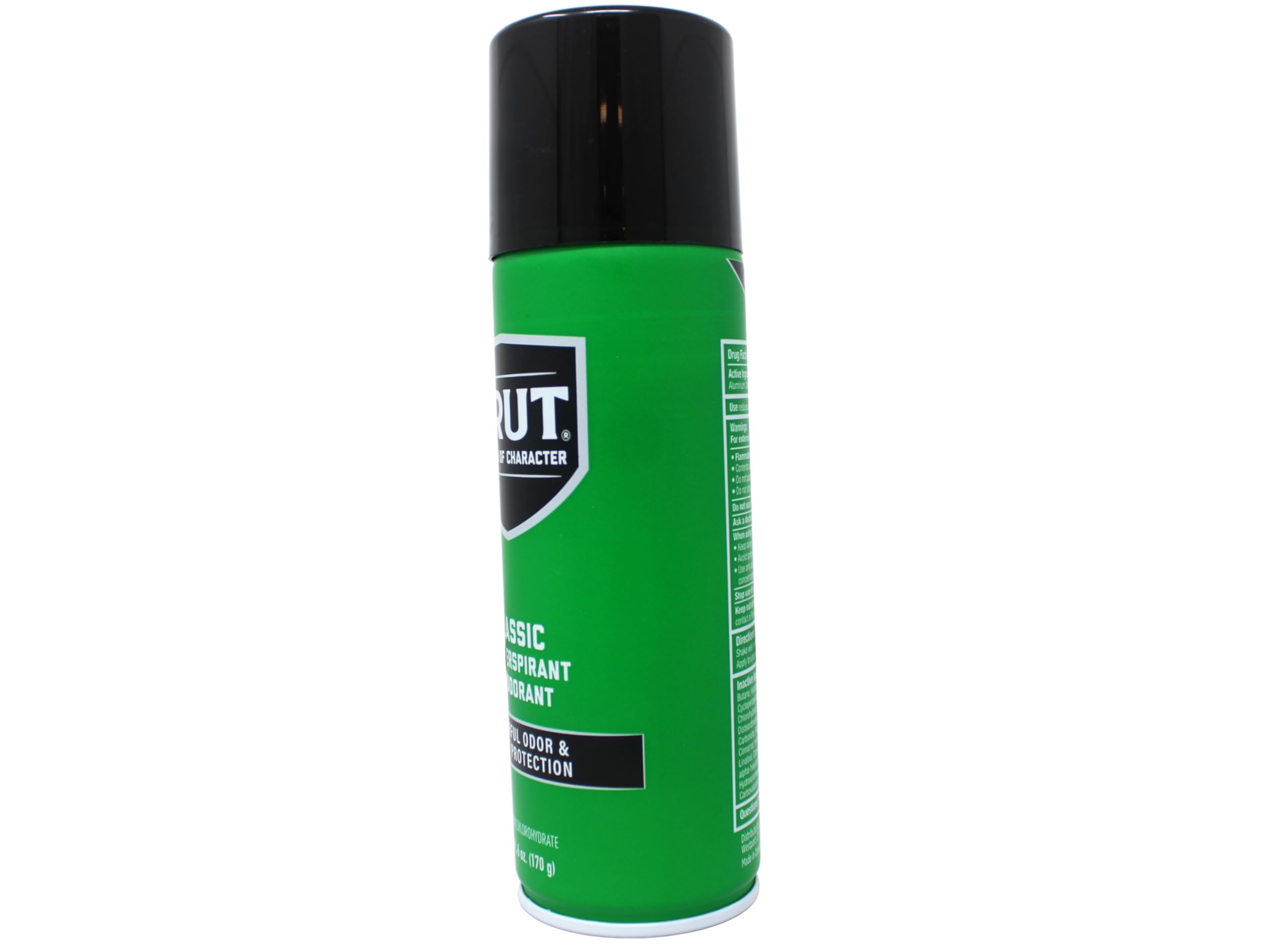 BRUT Classic spray can label highlights Canada-made quality and odor control.