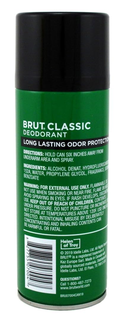 Brut 10oz can close-up highlights classic scent and protection for long days