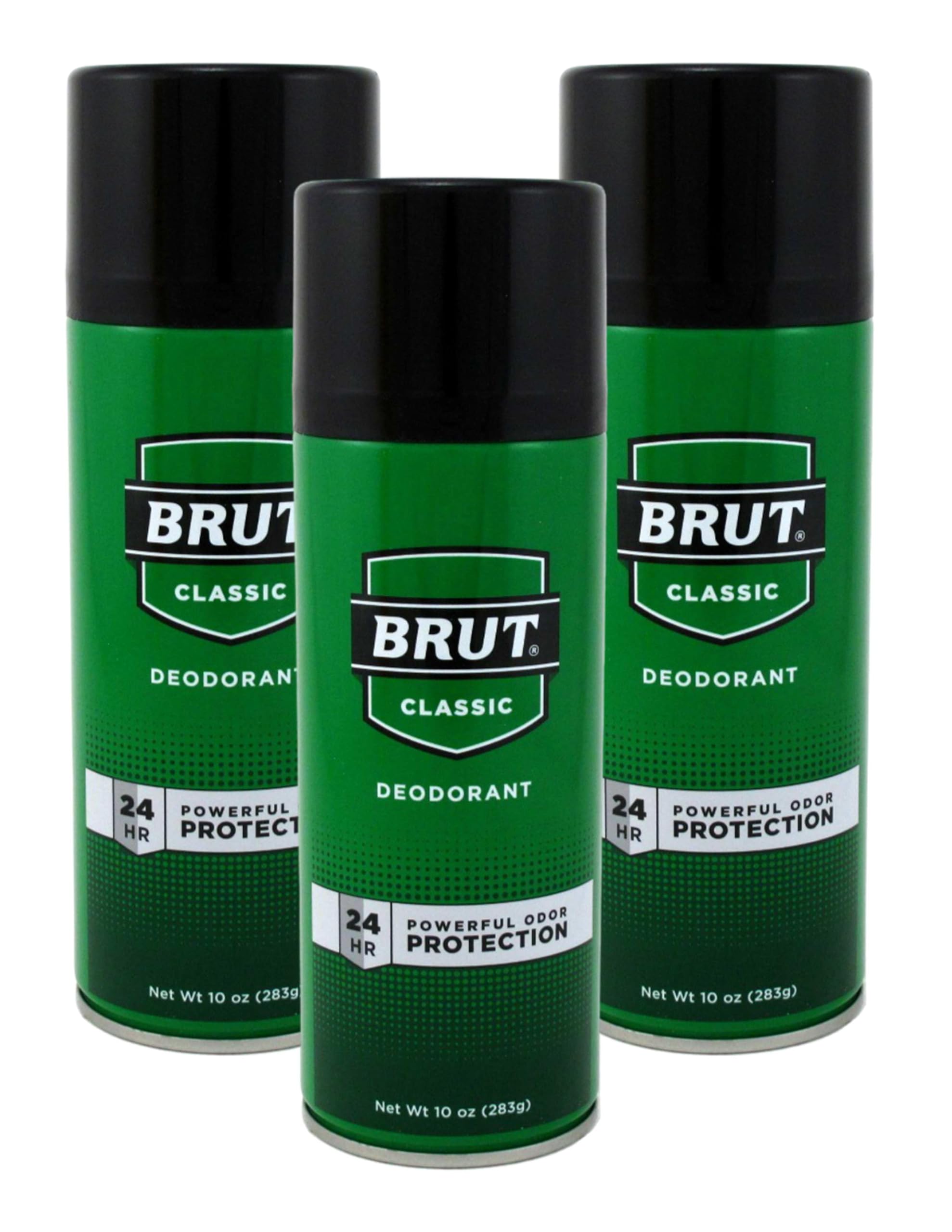 Brut aerosol spray bottle in use suggesting quick, even coverage