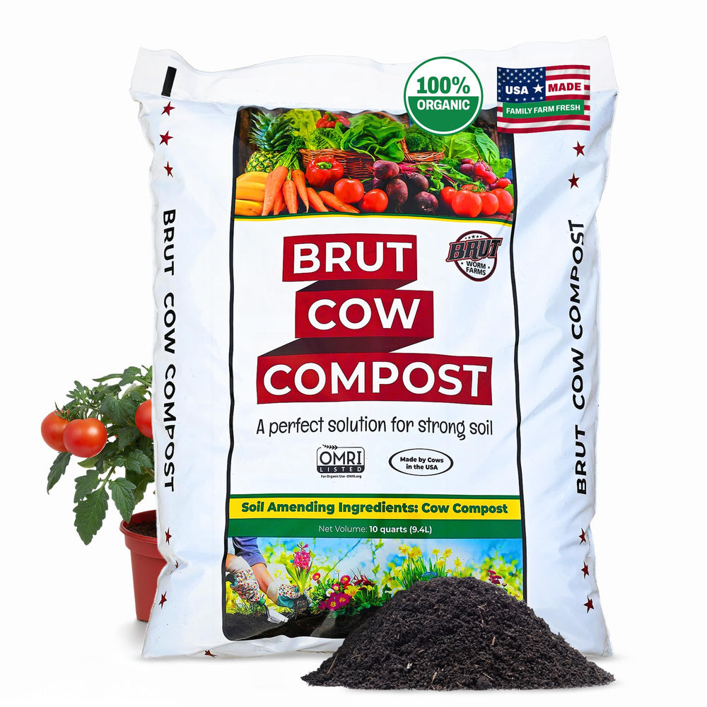 BRUT WORM FARMS Brut Cow Compost packaging shows nutrient-rich soil for thriving vegetables.