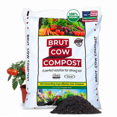 BRUT WORM FARMS Brut Cow Compost packaging shows nutrient-rich soil for thriving vegetables.