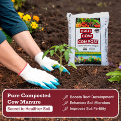 BRUT WORM FARMS Pure organic cow manure compost container highlights additive-free enrichment.
