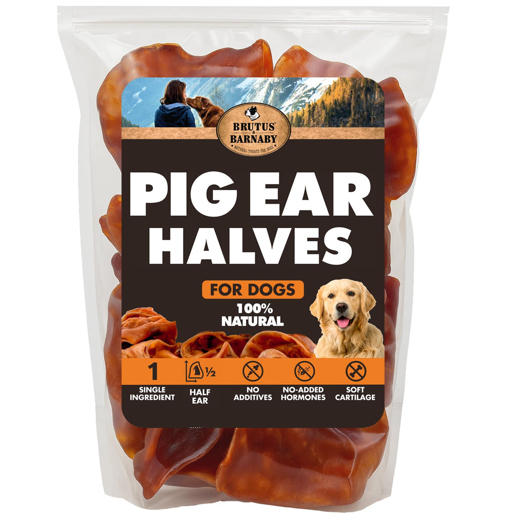 BRUTUS & BARNABY pig ear halves pack for easy portion control and mess-free snacking.