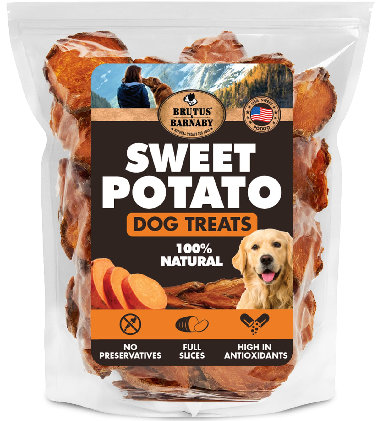 BRUTUS & BARNABY sweet potato treats in bag with fresh aroma for dogs