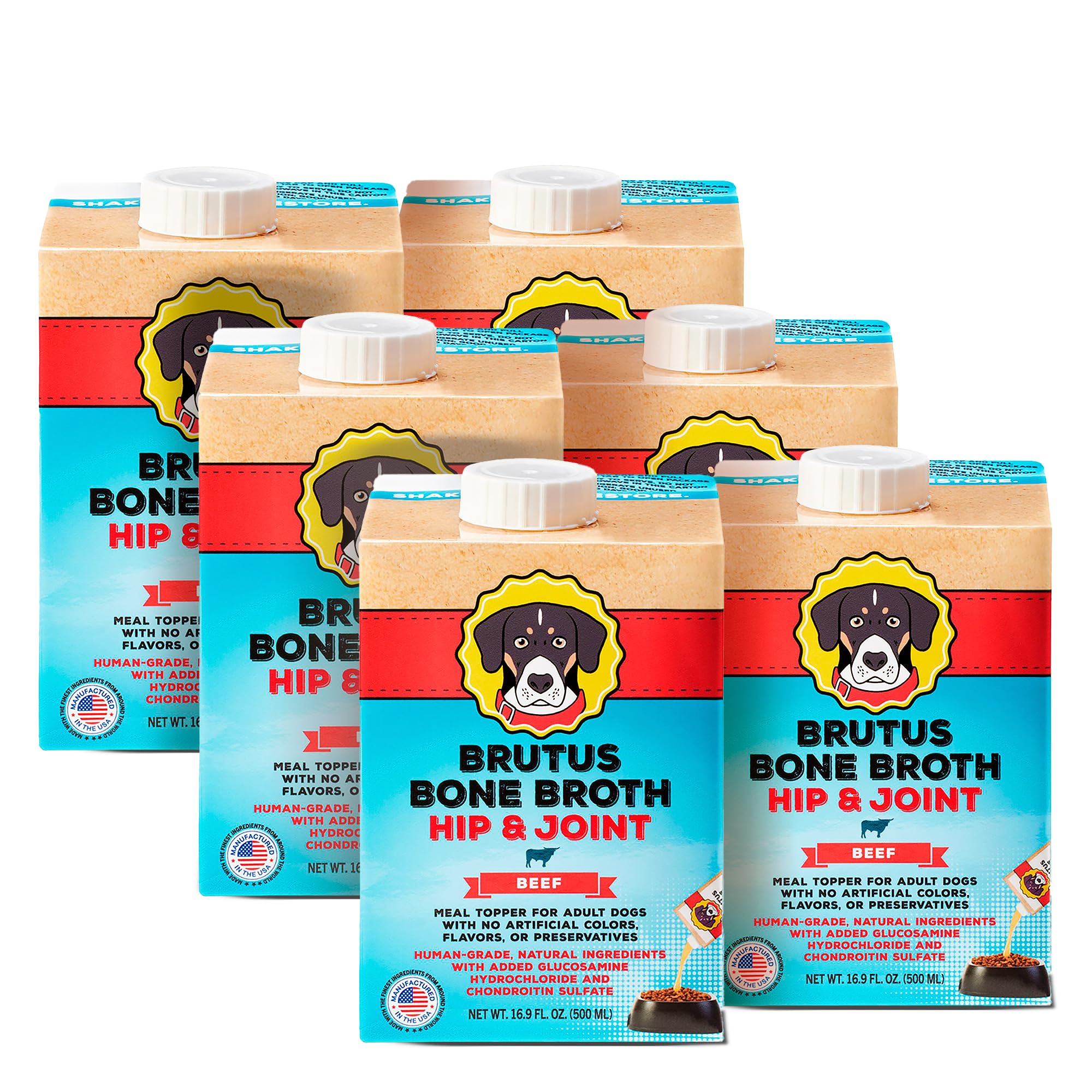 Brutus Beef Bone Broth bottle pour shows rich aroma and flavor for dogs.