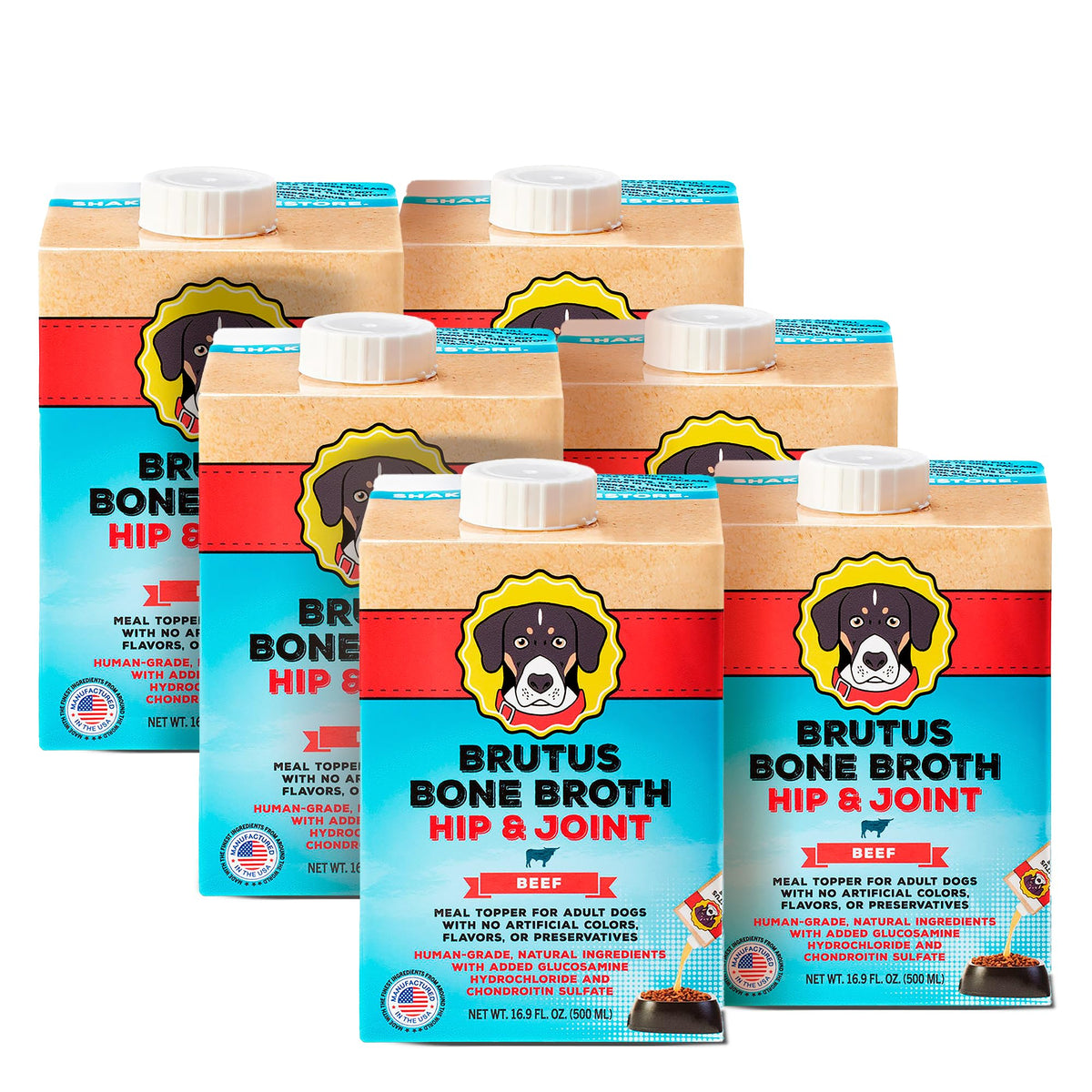 Brutus Beef Bone Broth bottle pour shows rich aroma and flavor for dogs.