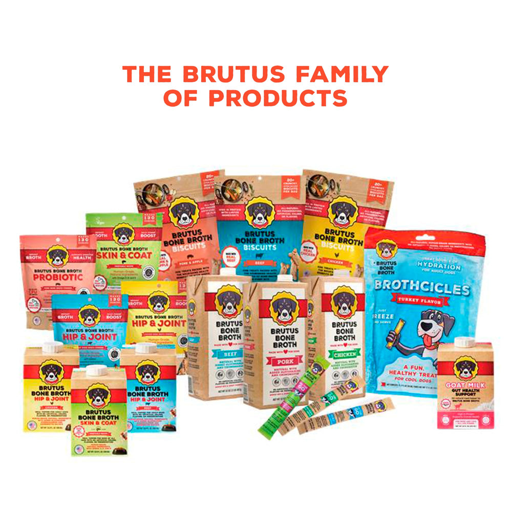 Brutus Beef Bone Broth dog enjoying topper highlights flavor appeal.