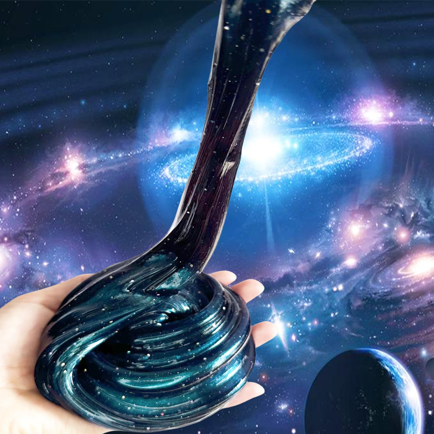 BSINHTIY Galaxy Glitter Slime Kit clear storage container for easy access.