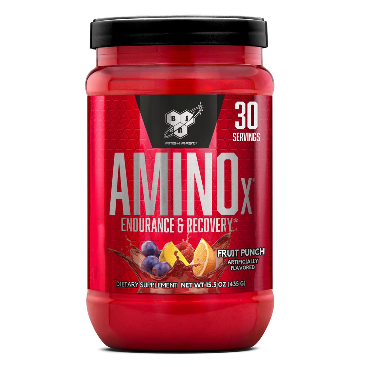 BSN Amino X fruit punch bottle showcasing 10 g amino acids per serving