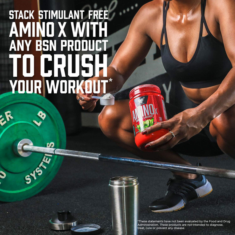 BSN AMINO X caffeine-free packaging showing stimulant-free option