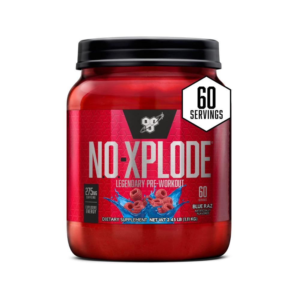 BSN N.O.-XPLODE Blue Raz tub highlights energy for workouts.